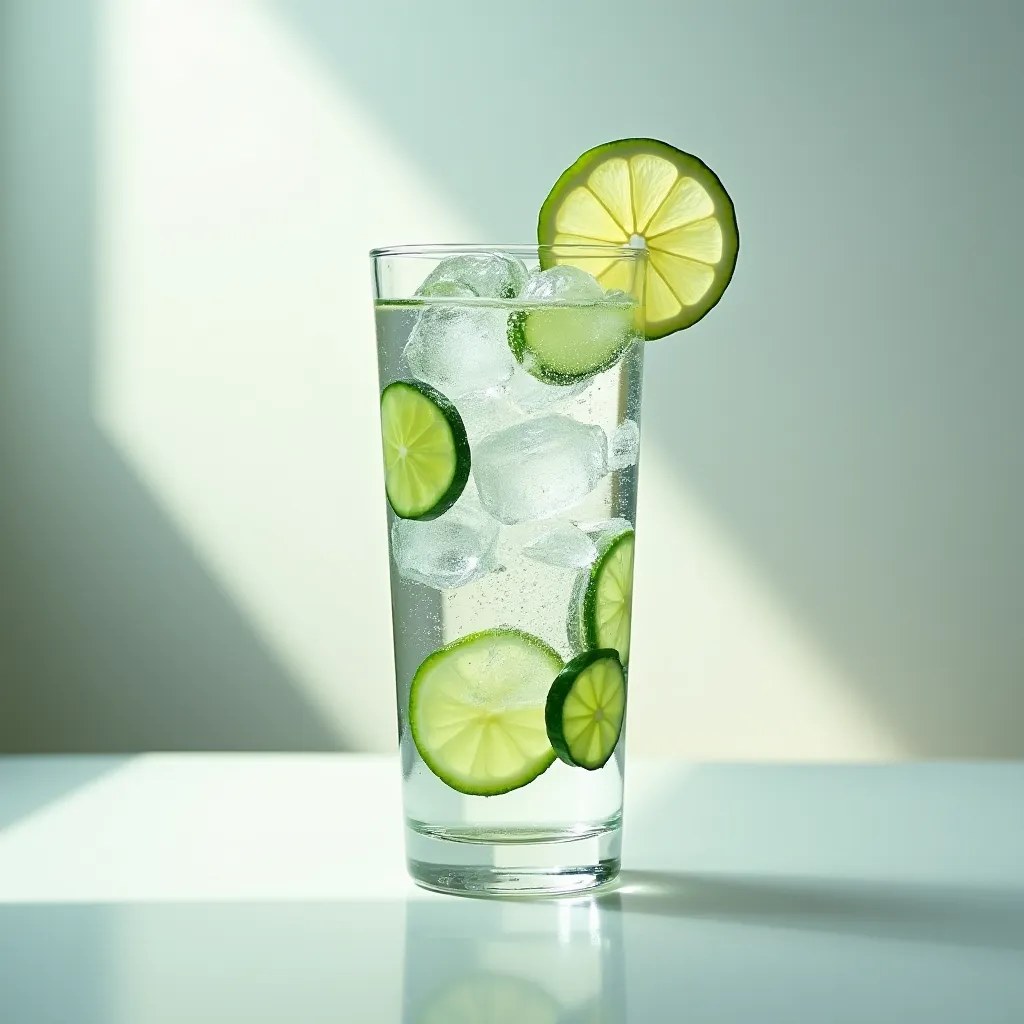 Verre d'eau fraîche avec des tranches de citron et des glaçons